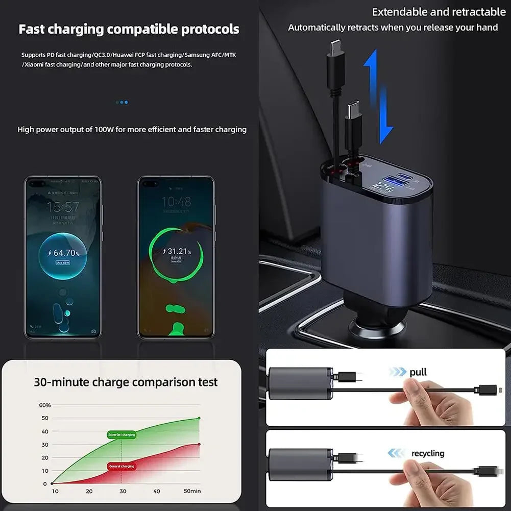 4 IN 1 Magnetic Retractable Fast Car Charger