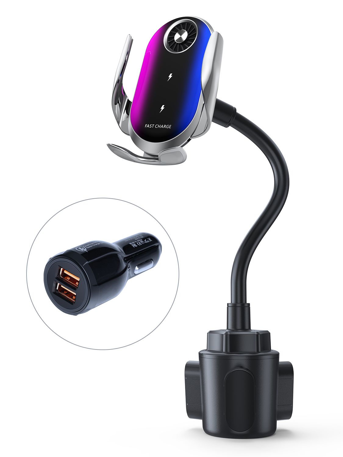 Dual Coil Cup Holder Wireless Car Charger for iPhone & Galaxy Series