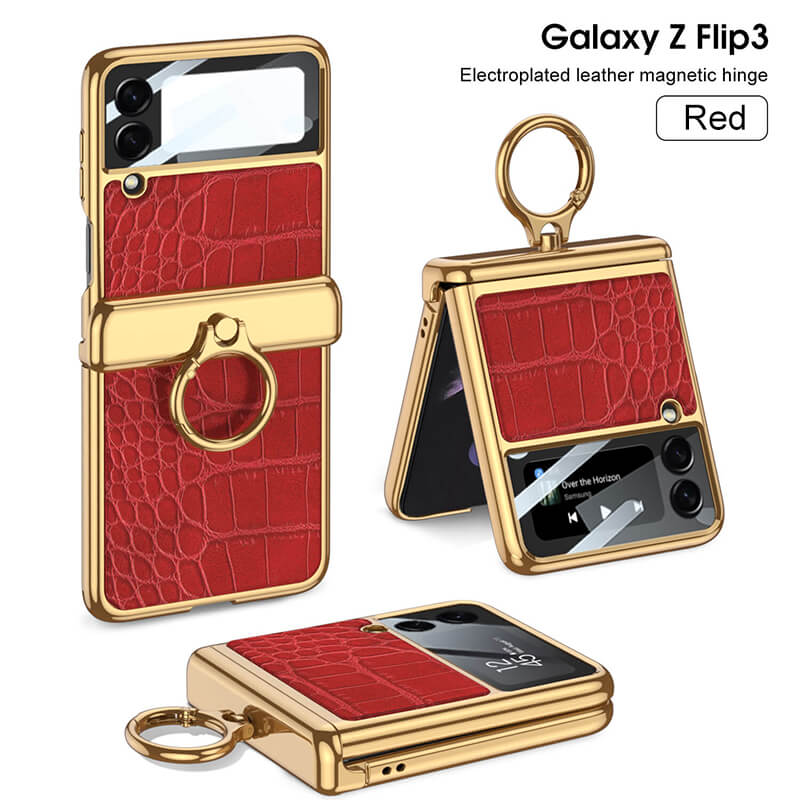Electroplated Leather Magnetic Hinge Ring Holder Case For Galaxy Z Flip 4 - Galaxy Z Flip 4 Case