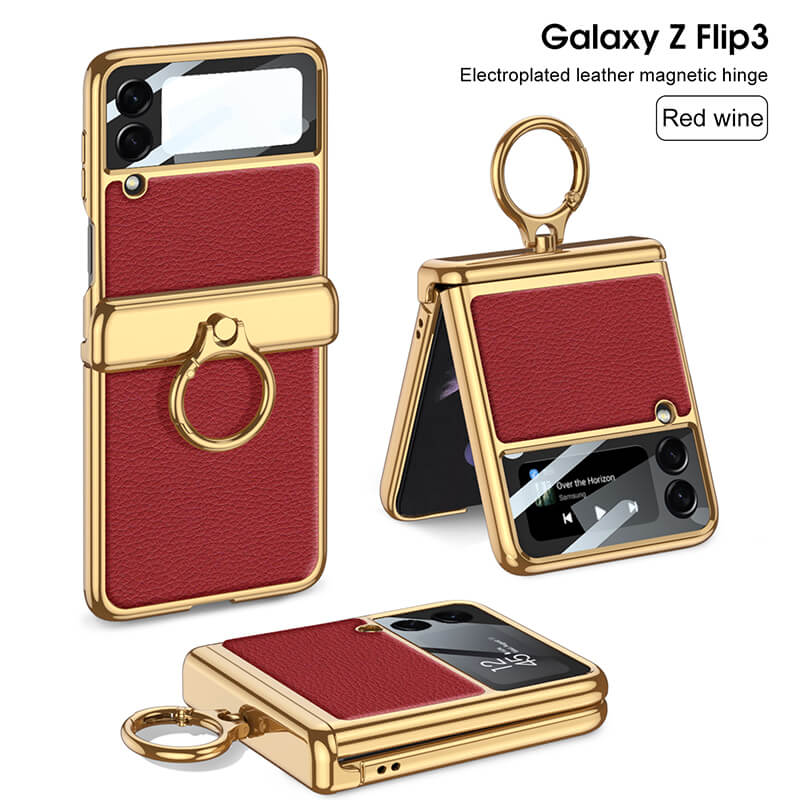 Electroplated Leather Magnetic Hinge Ring Holder Case For Galaxy Z Flip 4 - Galaxy Z Flip 4 Case