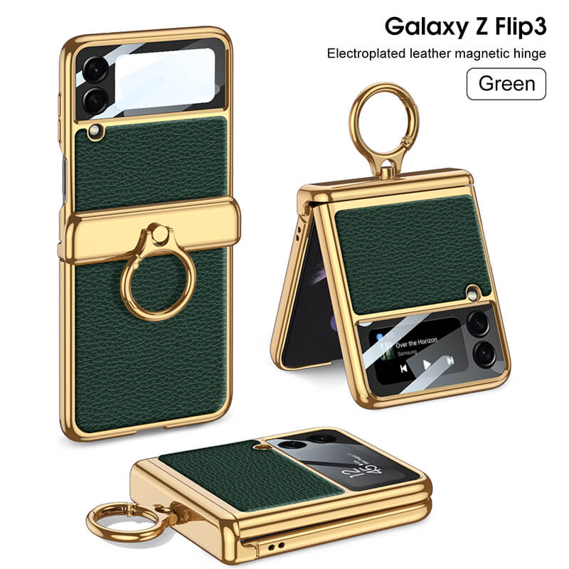 Electroplated Leather Magnetic Hinge Ring Holder Case For Galaxy Z Flip 4 - Galaxy Z Flip 4 Case