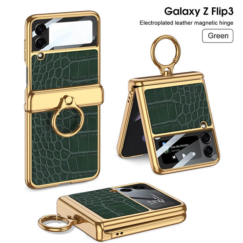 Electroplated Leather Magnetic Hinge Ring Holder Case For Galaxy Z Flip 4 - Galaxy Z Flip 4 Case