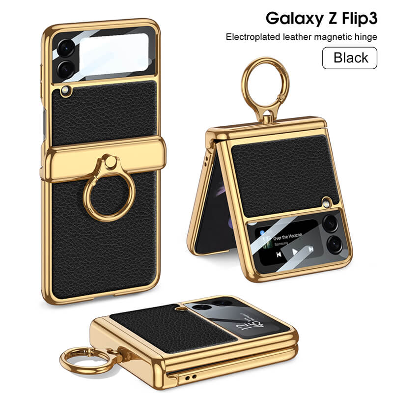 Electroplated Leather Magnetic Hinge Ring Holder Case For Galaxy Z Flip 4 - Galaxy Z Flip 4 Case
