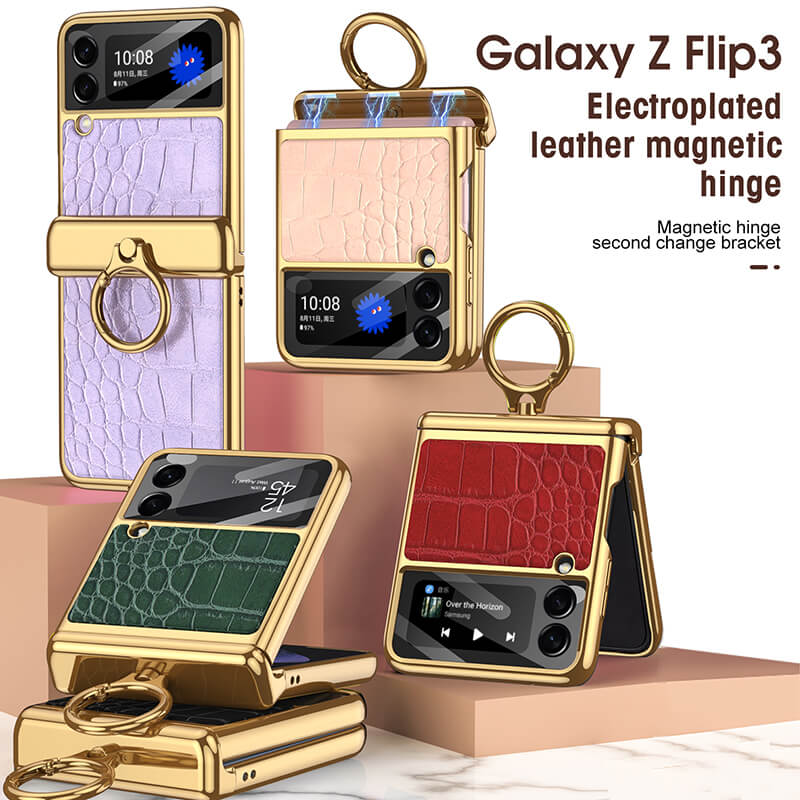 Electroplated Leather Magnetic Hinge Ring Holder Case For Galaxy Z Flip 4 - Galaxy Z Flip 4 Case