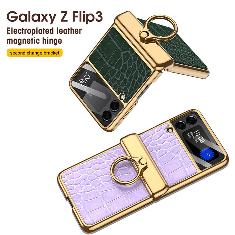 Electroplated Leather Magnetic Hinge Ring Holder Case For Galaxy Z Flip 4 - Galaxy Z Flip 4 Case