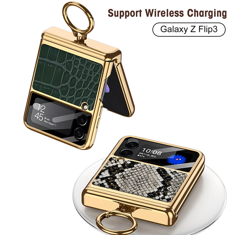 Electroplated Leather Magnetic Hinge Ring Holder Case For Galaxy Z Flip 4 - Galaxy Z Flip 4 Case