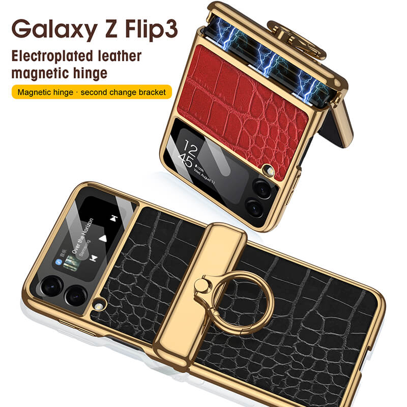 Electroplated Leather Magnetic Hinge Ring Holder Case For Galaxy Z Flip 4 - Galaxy Z Flip 4 Case