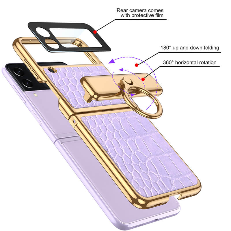 Electroplated Leather Magnetic Hinge Ring Holder Case For Galaxy Z Flip 4 - Galaxy Z Flip 4 Case