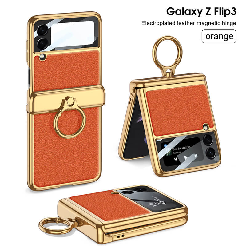 Electroplated Leather Magnetic Hinge Ring Holder Case For Galaxy Z Flip 4 - Galaxy Z Flip 4 Case