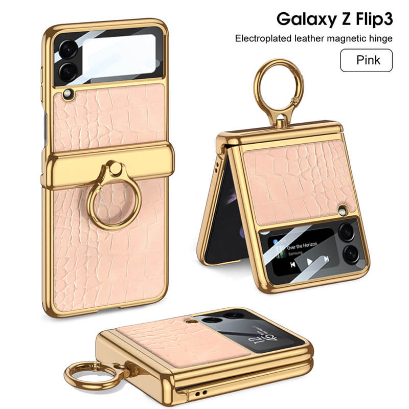 Electroplated Leather Magnetic Hinge Ring Holder Case For Galaxy Z Flip 4 - Galaxy Z Flip 4 Case