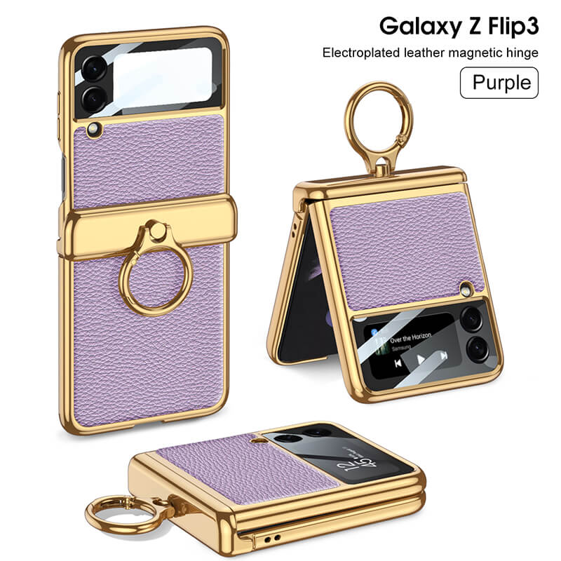 Electroplated Leather Magnetic Hinge Ring Holder Case For Galaxy Z Flip 4 - Galaxy Z Flip 4 Case