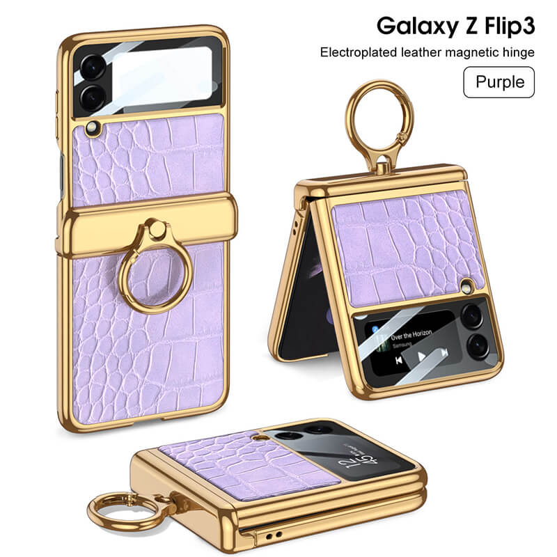 Electroplated Leather Magnetic Hinge Ring Holder Case For Galaxy Z Flip 4 - Galaxy Z Flip 4 Case