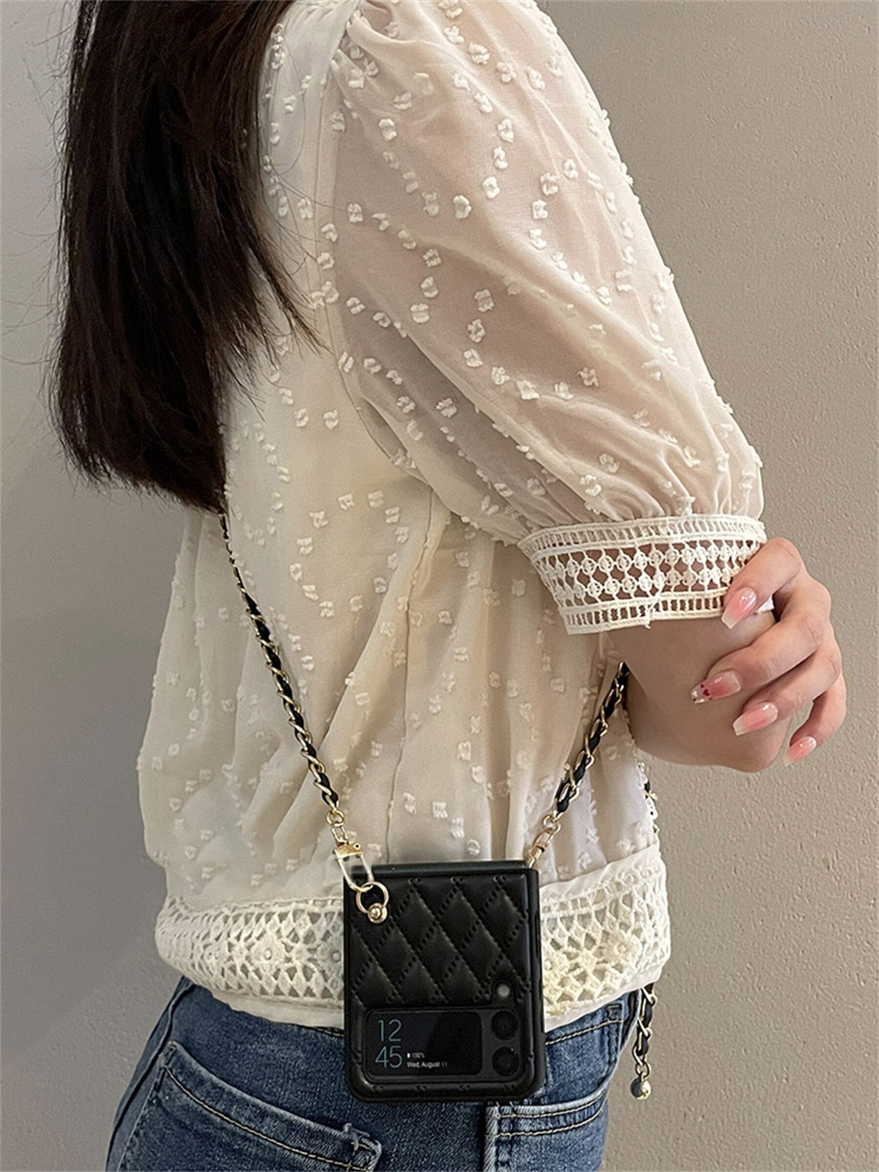 Luxury Adjustable Leather Chain Retro Rhombus Case for Samsung Galaxy Z Flip 4 - Galaxy Z Flip 4 Case