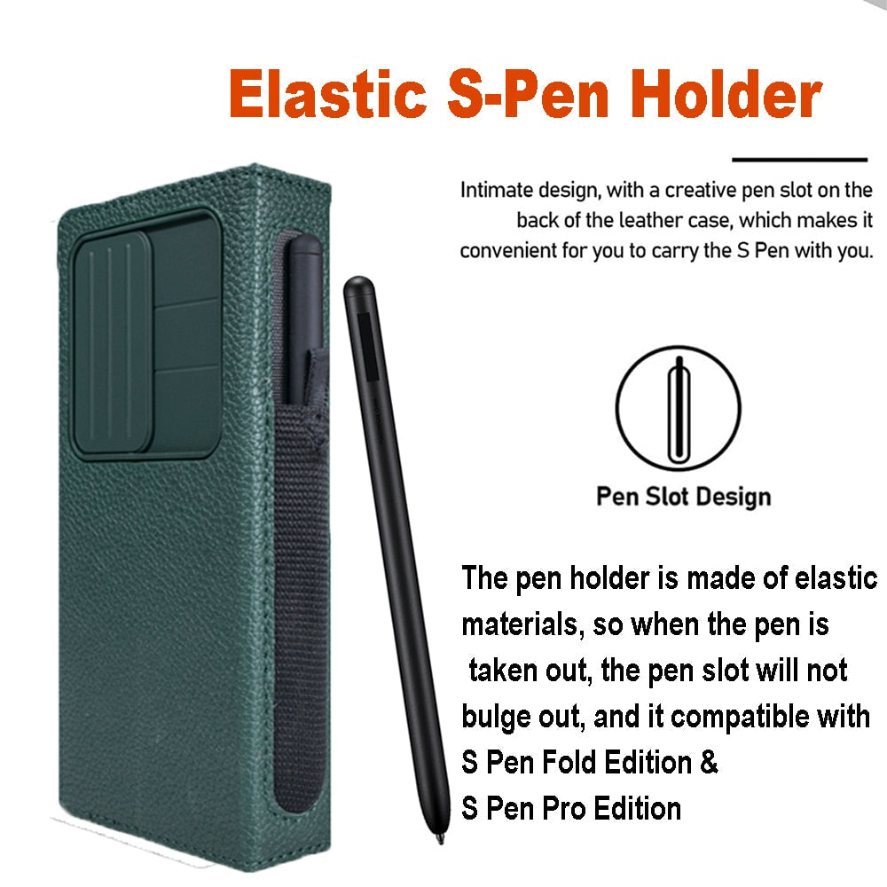 Leather Z Fold 4 Case With Pen Holder and Slot Camera Cover