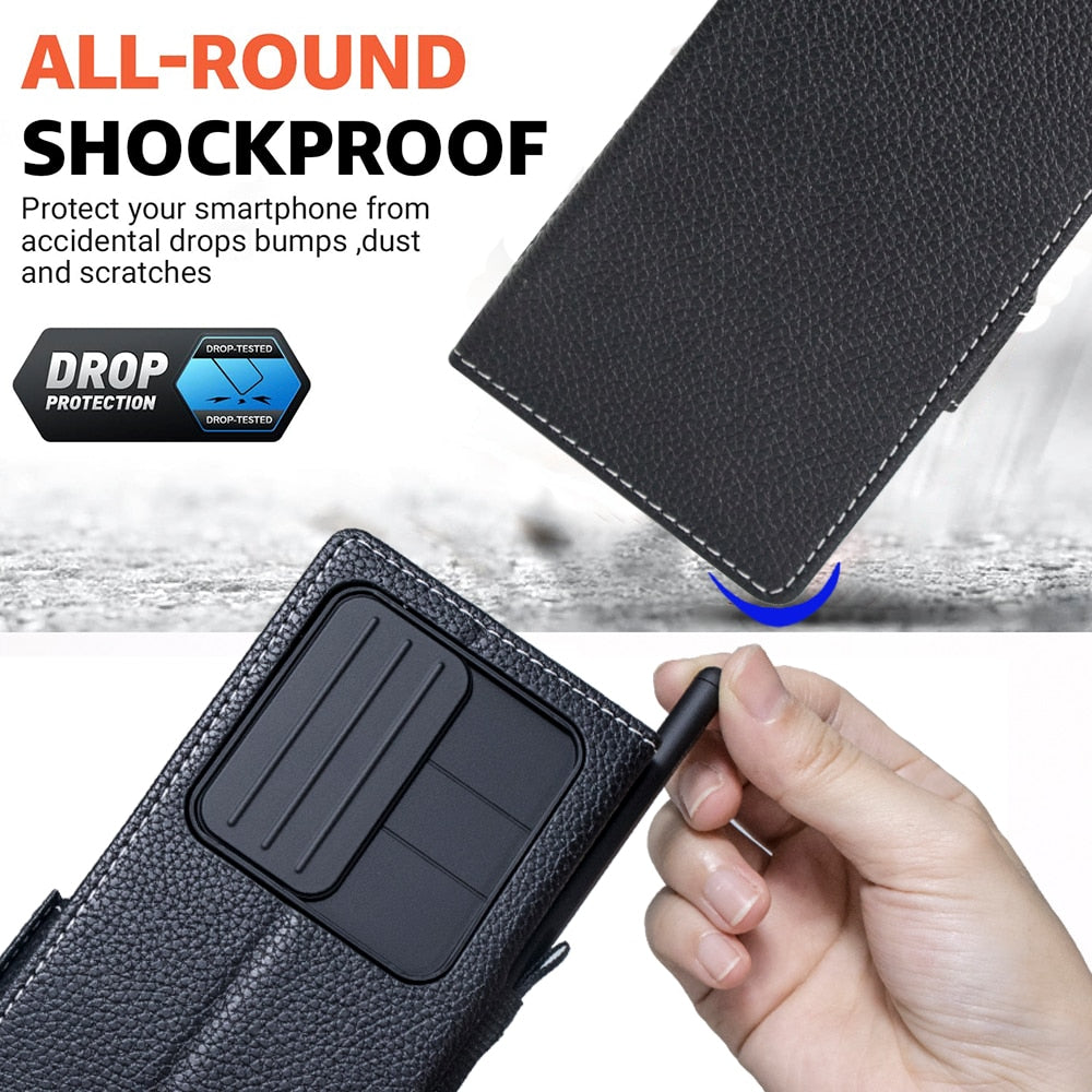 Leather Z Fold 4 Case With Pen Holder and Slot Camera Cover