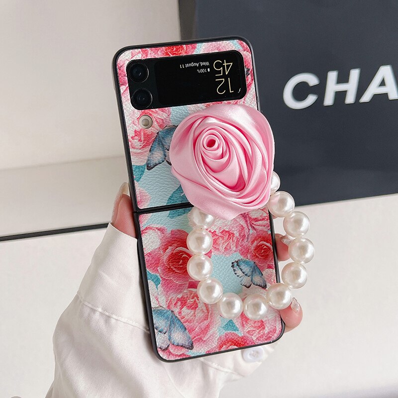 Elegant Leather Rose case with Pearl Bracelet For Samsung Galaxy Z Flip 4 - Galaxy Z Flip 4 Case