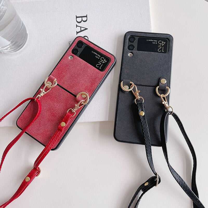 Crossbody Leather Cover With Lanyard Strap For Samsung Galaxy Z Flip 4 - Galaxy Z Flip 4 Case