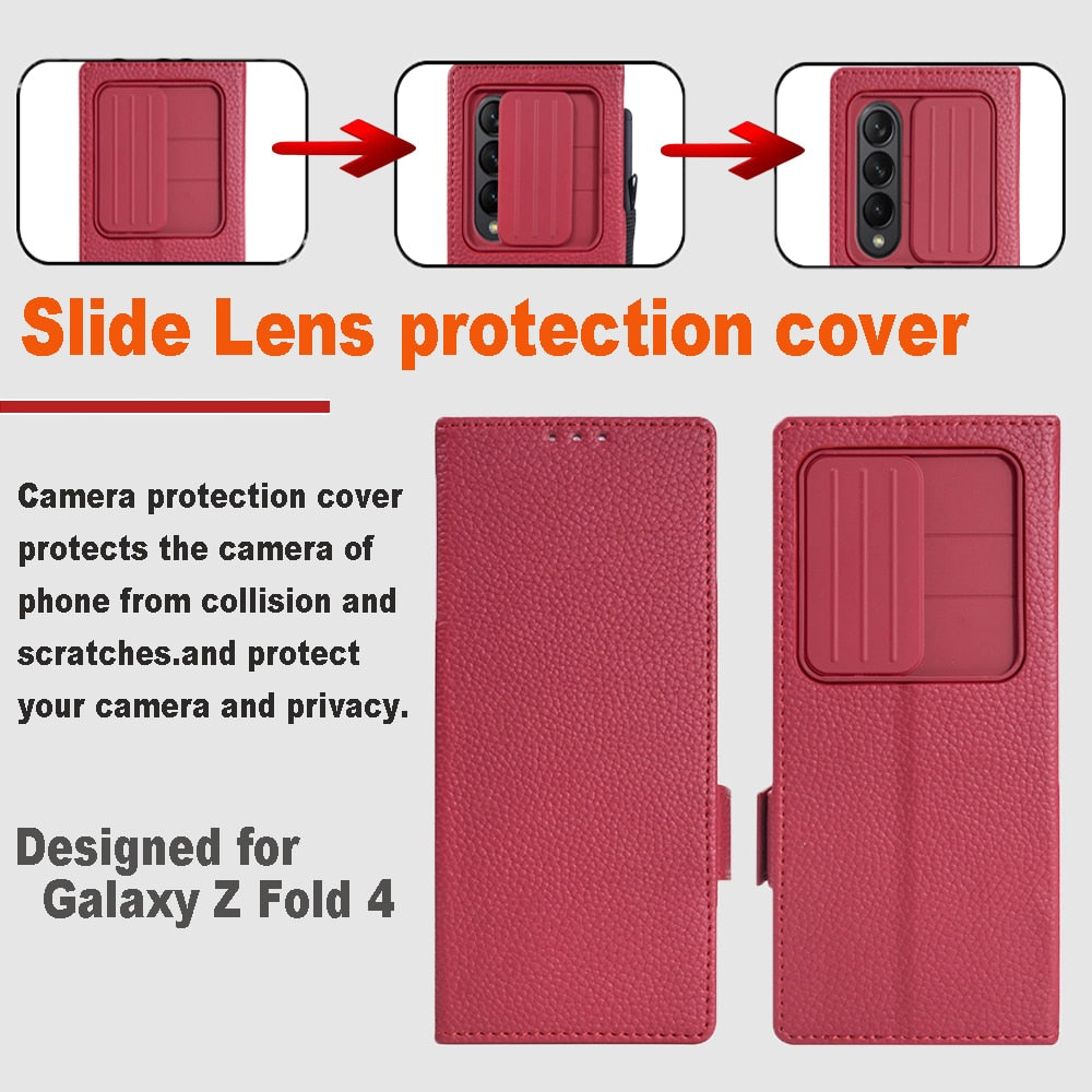 Leather Z Fold 4 Case With Pen Holder and Slot Camera Cover