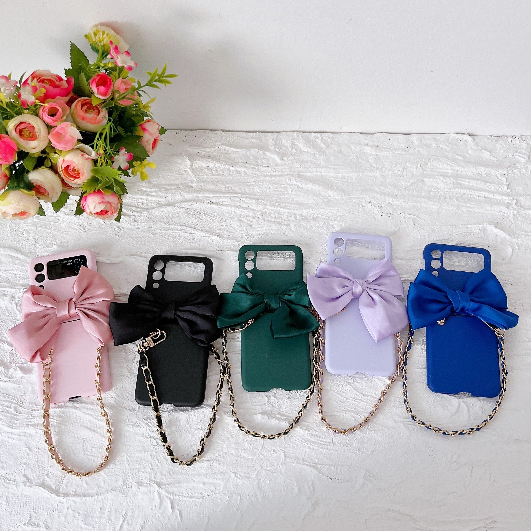 Korean 3D Leather Bow Lanyard Necklace Strap Hard Phone Case For Samsung Galaxy Z Flip 4 - Galaxy Z Flip 4 Case