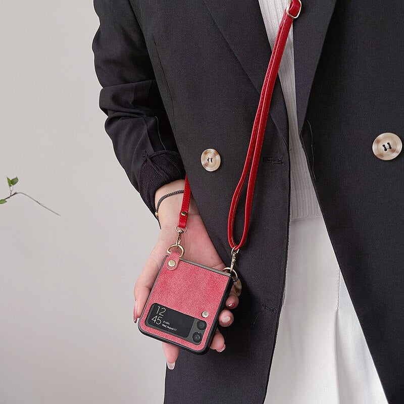 Crossbody Leather Cover With Lanyard Strap For Samsung Galaxy Z Flip 4 - Galaxy Z Flip 4 Case
