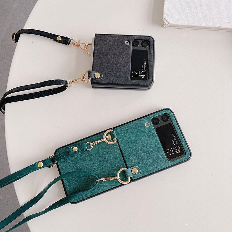 Crossbody Leather Cover With Lanyard Strap For Samsung Galaxy Z Flip 4 - Galaxy Z Flip 4 Case