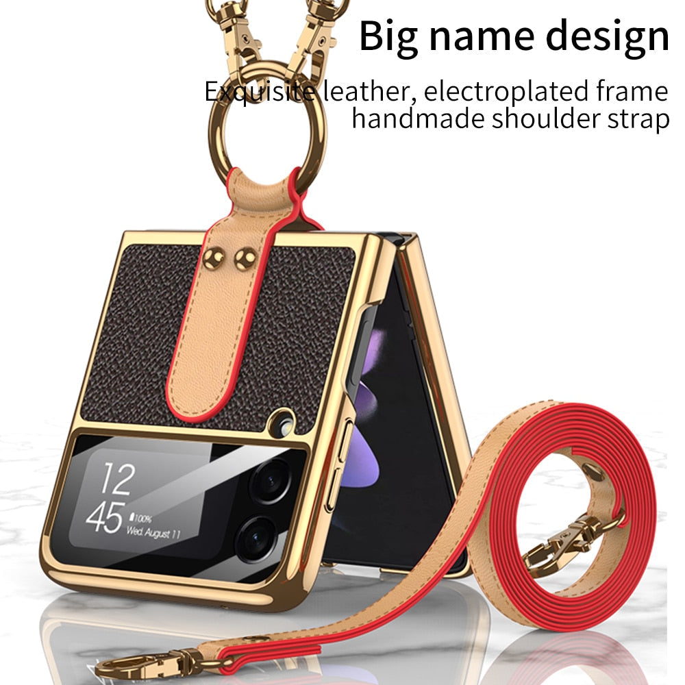 Luxury Leather Back Screen Tempered Glass Hard Frame Cover For Samsung Z Flip 4 5G With Lanyard - Galaxy Z Flip 4 Case