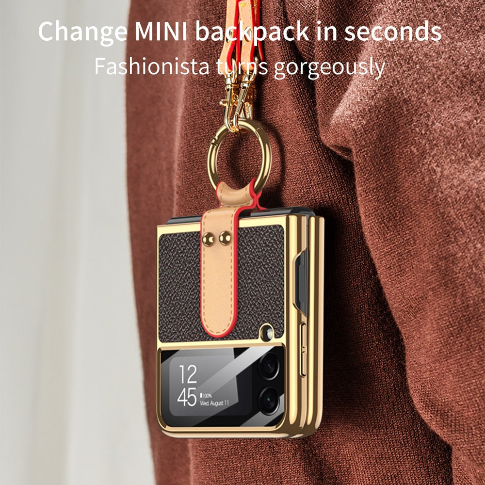 Luxury Leather Back Screen Tempered Glass Hard Frame Cover For Samsung Z Flip 4 5G With Lanyard - Galaxy Z Flip 4 Case