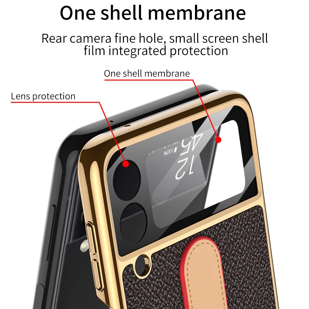Luxury Leather Back Screen Tempered Glass Hard Frame Cover For Samsung Z Flip 4 5G With Lanyard - Galaxy Z Flip 4 Case