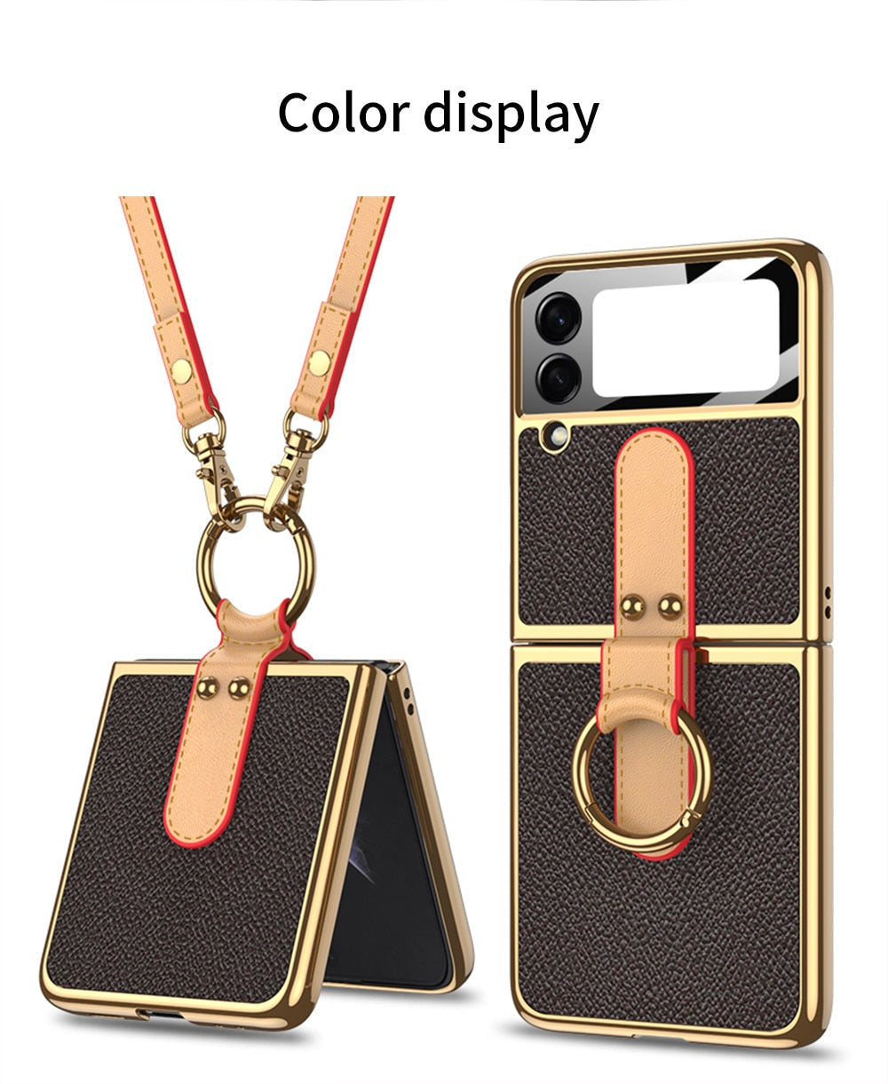 Luxury Leather Back Screen Tempered Glass Hard Frame Cover For Samsung Z Flip 4 5G With Lanyard - Galaxy Z Flip 4 Case