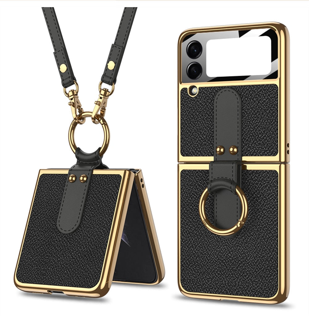 Luxury Leather Back Screen Tempered Glass Hard Frame Cover For Samsung Z Flip 4 5G With Lanyard - Galaxy Z Flip 4 Case