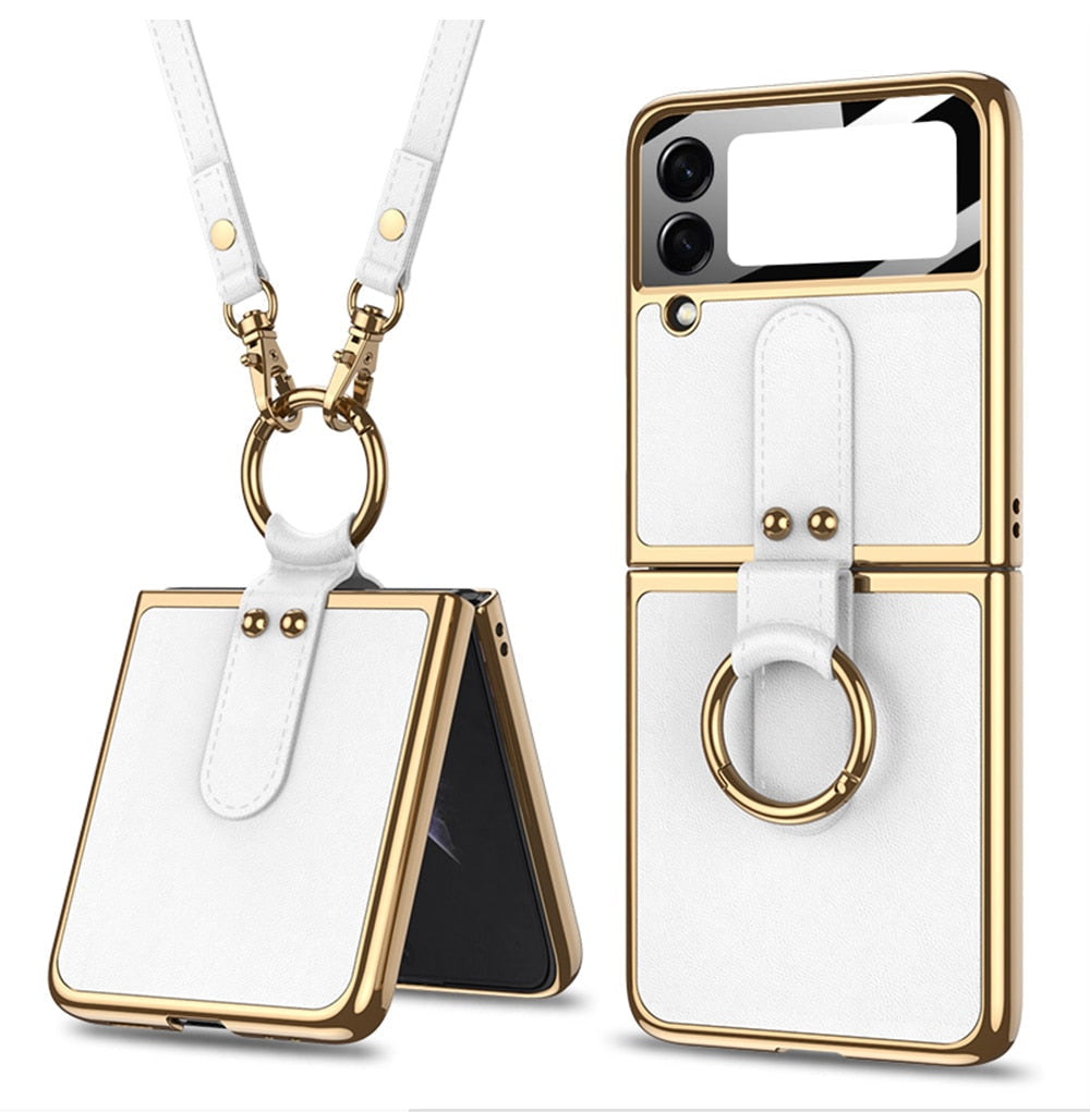 Luxury Leather Back Screen Tempered Glass Hard Frame Cover For Samsung Z Flip 4 5G With Lanyard - Galaxy Z Flip 4 Case