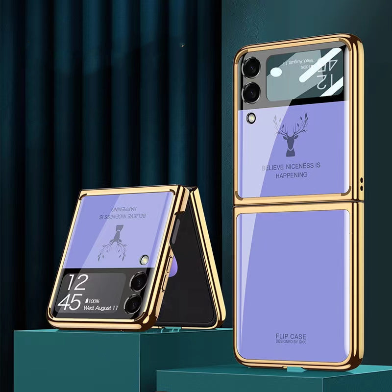 Luxury Deer Pattern Electroplating Tempered Glass Case For Samsung Z Flip 4 5G - Galaxy Z Flip 4 Case