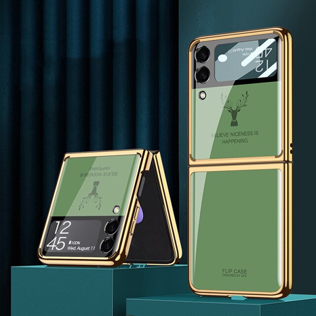Luxury Deer Pattern Electroplating Tempered Glass Case For Samsung Z Flip 4 5G - Galaxy Z Flip 4 Case