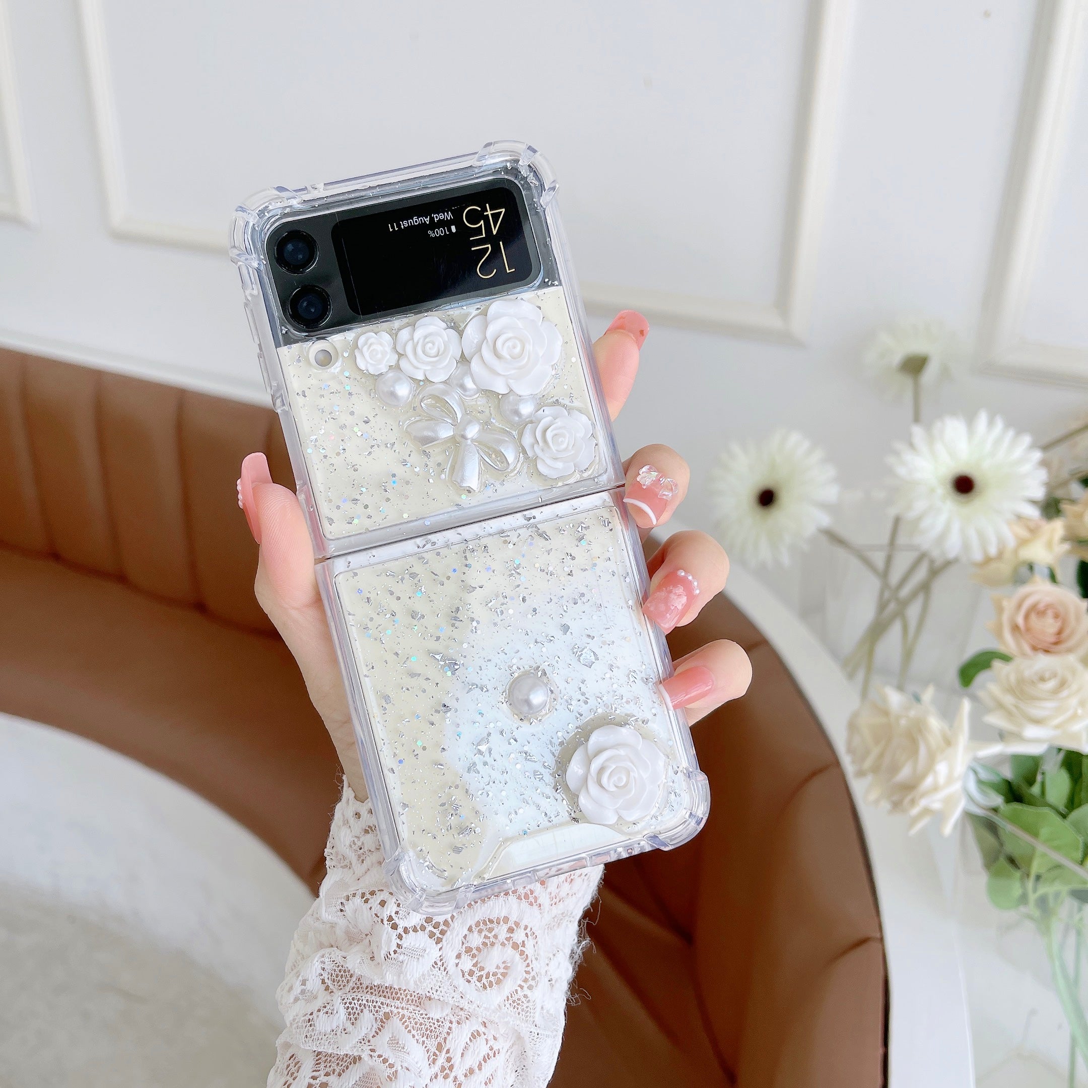 Transparent 3D Rose Glitter Case For Galaxy Z Flip 4 - Galaxy Z Flip 4 Case