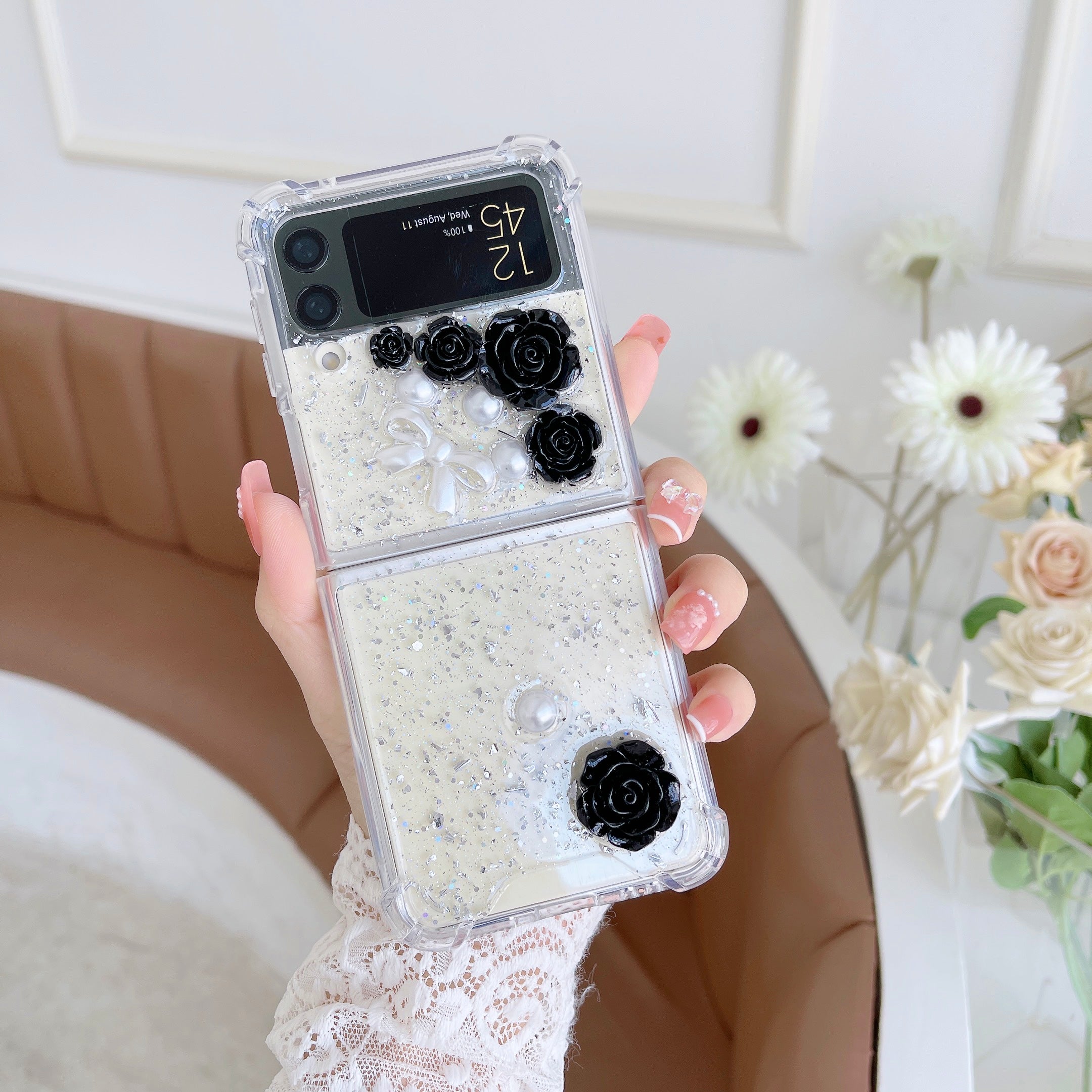 Transparent 3D Rose Glitter Case For Galaxy Z Flip 4 - Galaxy Z Flip 4 Case