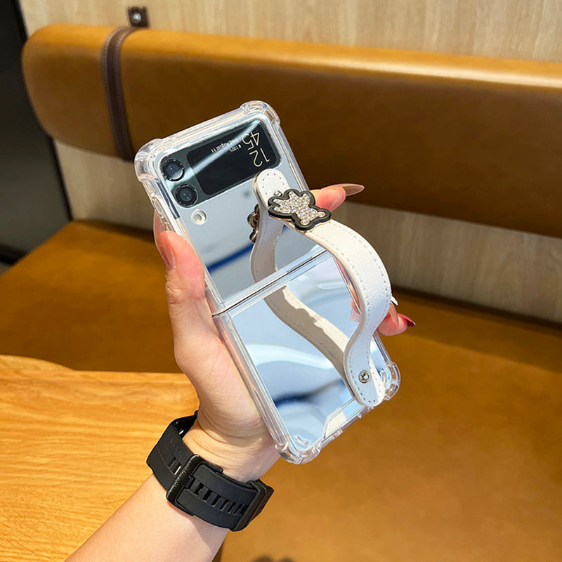 Mirror Case With Leather Wrist Strap Stand For Galaxy Z Flip 4 5G - Galaxy Z Flip 4 Case
