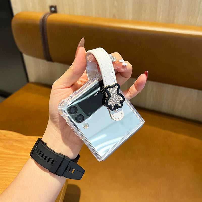 Mirror Case With Leather Wrist Strap Stand For Galaxy Z Flip 4 5G - Galaxy Z Flip 4 Case