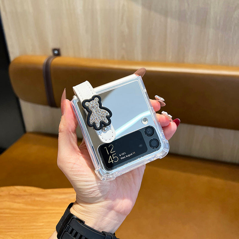 Mirror Case With Leather Wrist Strap Stand For Galaxy Z Flip 4 5G - Galaxy Z Flip 4 Case