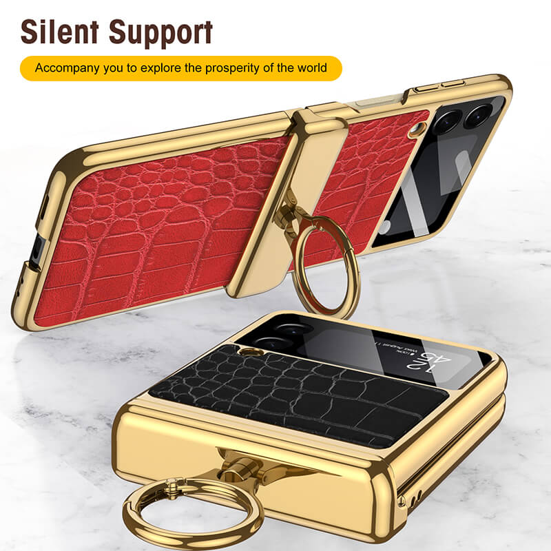 Electroplated Leather Magnetic Hinge Ring Holder Case For Galaxy Z Flip 4 - Galaxy Z Flip 4 Case