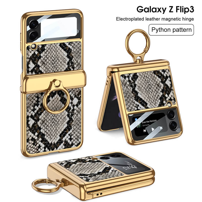 Electroplated Leather Magnetic Hinge Ring Holder Case For Galaxy Z Flip 4 - Galaxy Z Flip 4 Case