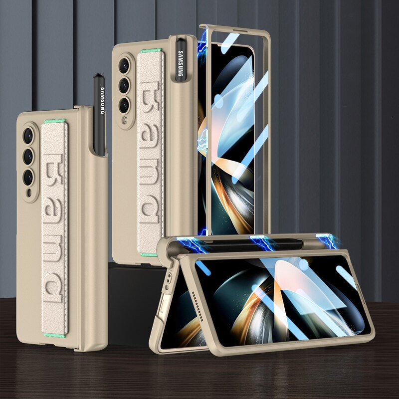 Magnetic Case with Wrist Band & Hinge Pen Holder For Samsung Galaxy Z Fold 4