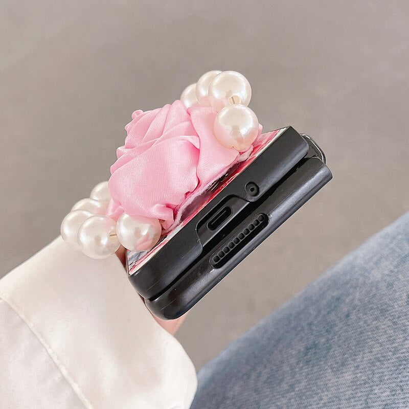 Elegant Leather Rose case with Pearl Bracelet For Samsung Galaxy Z Fold 4