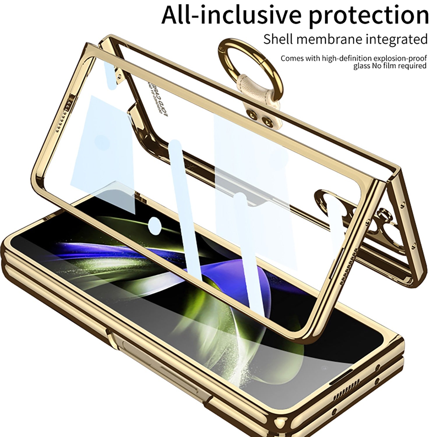Electroplated Transparent Case with Ring Bracket For Samsung Galaxy Z Fold 5