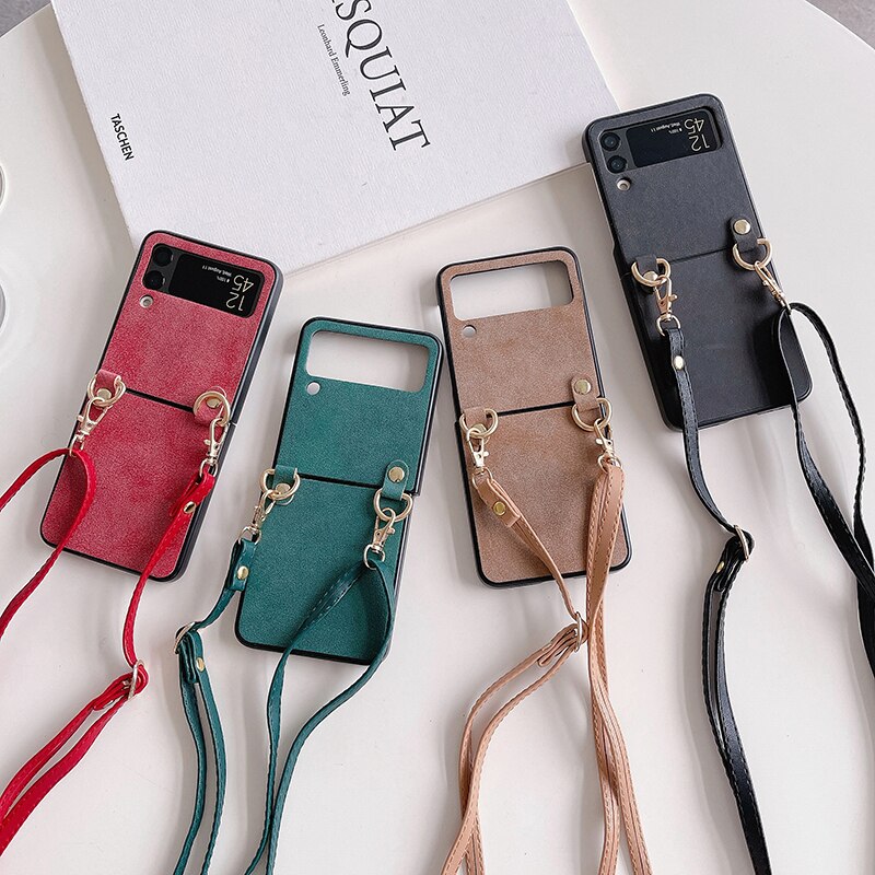 Crossbody Leather Cover With Lanyard Strap For Samsung Galaxy Z Flip 4 - Galaxy Z Flip 4 Case