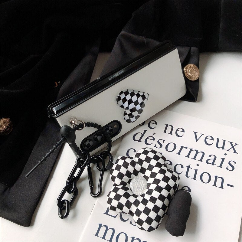 Retro Checkerboard Pattern Crystal Clear Heart PU Leather Phone Case For Samsung Galaxy Z Fold 4