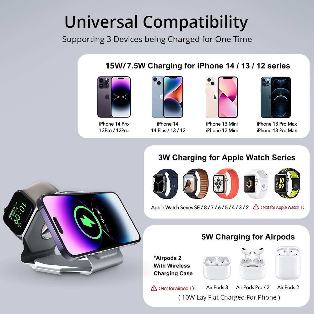 3 in 1 Foldable Wireless Charger for AirPods,Apple Watch & iPhone